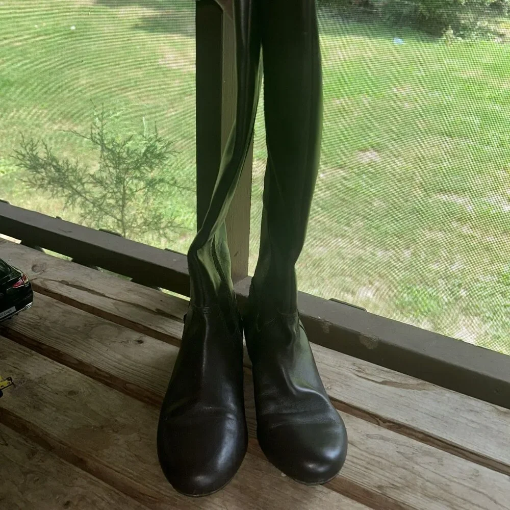 Anne Klein AKcreda 7.5M Chocolate Brown Leather Boots. Flat Wedge Riding/Tall.